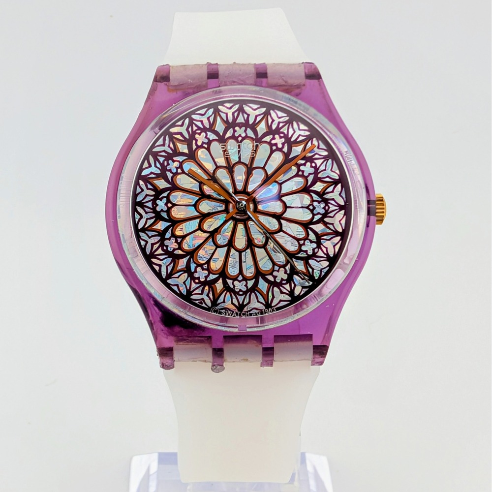 Vintage 1994 Swatch Gent Quasimodo GV108 Notre Dame Stained Glass 34mm Watch